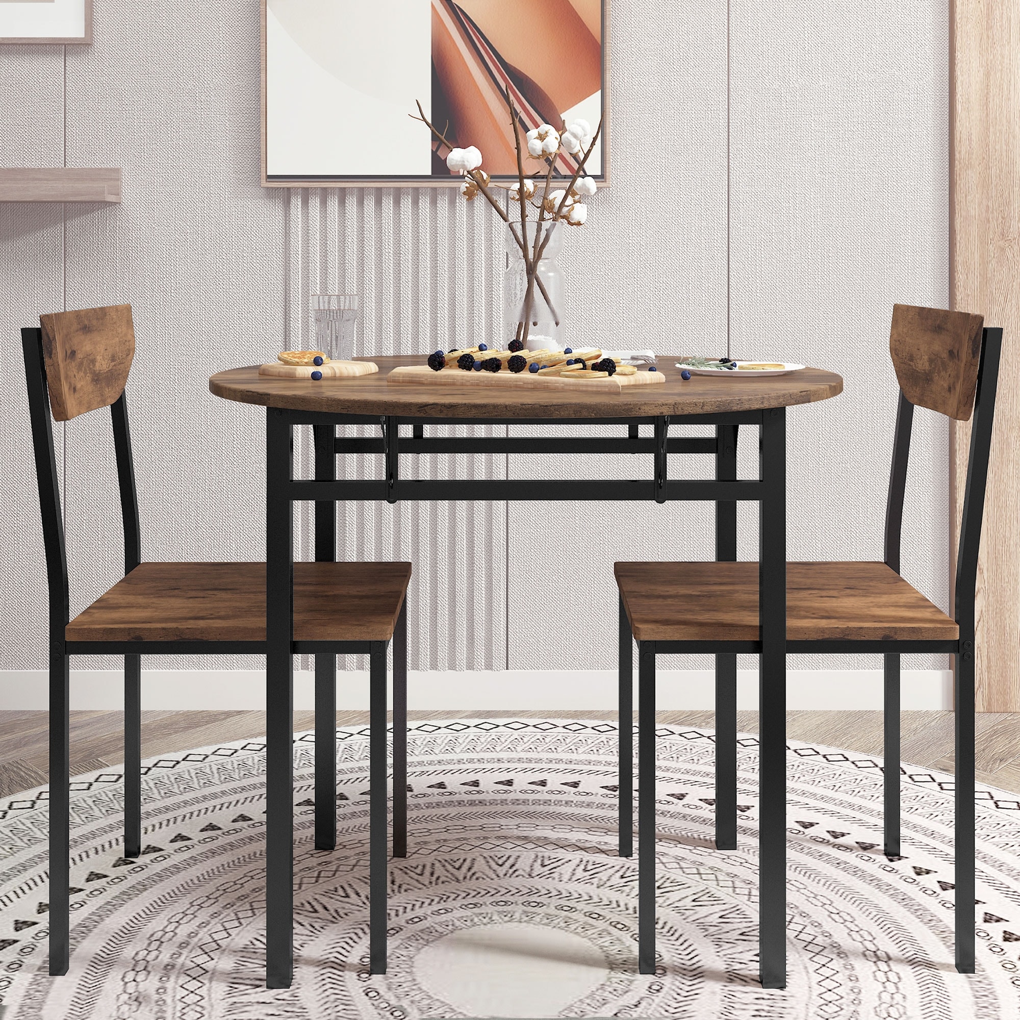 Modern 3 Piece Round Dining Table Set with Drop Leaf and 2 Chairs for Small Places Black Frame Rustic Brown Finish Bed Bath Beyond 41476532